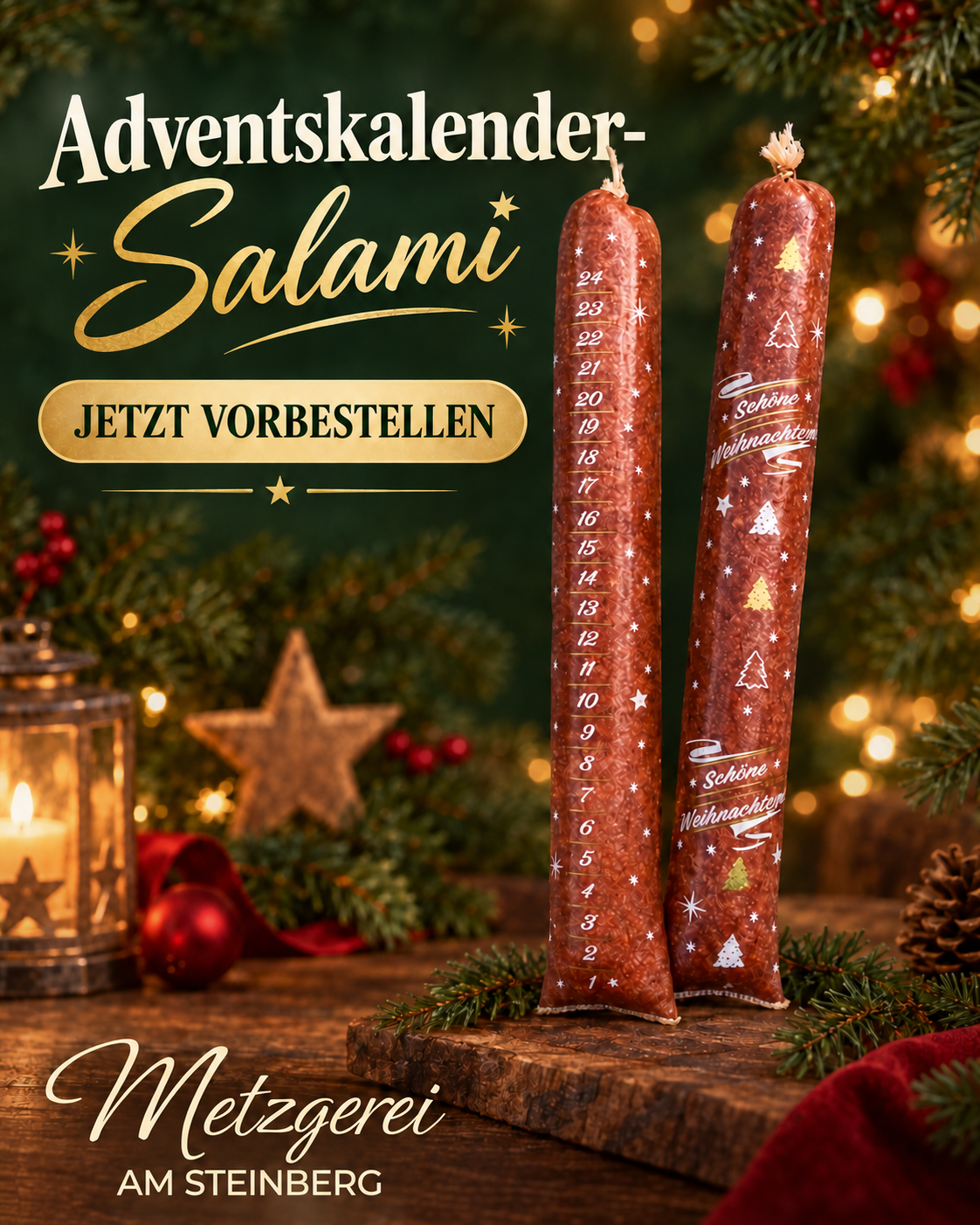 Adventskalender-Salami mit Zahlen von 1 bis 24 und weihnachtlicher Verpackung – Metzgerei am Steinberg