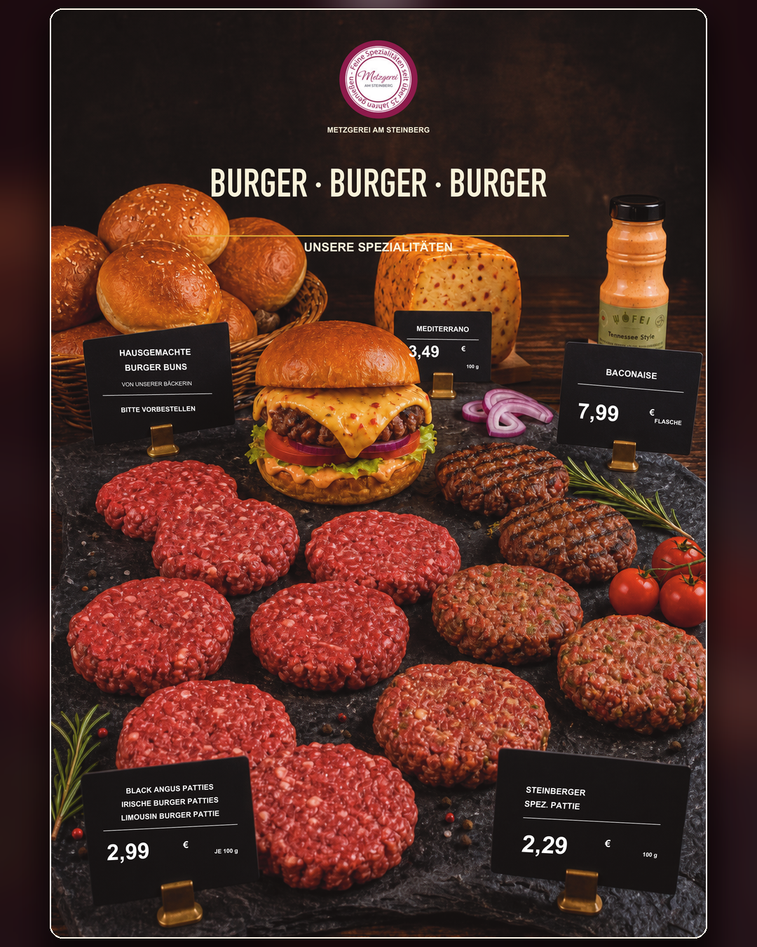 Burger-Spezialitäten der Metzgerei am Steinberg im August 2026
