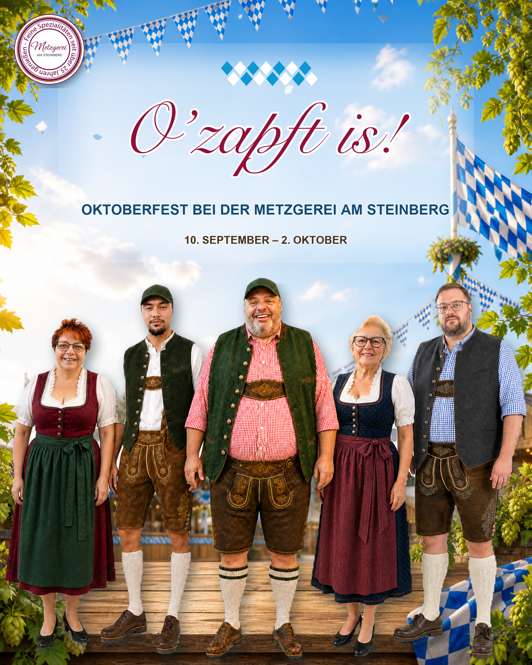 Das komplette Team der Metzgerei am Steinberg im Oktoberfest-Motiv