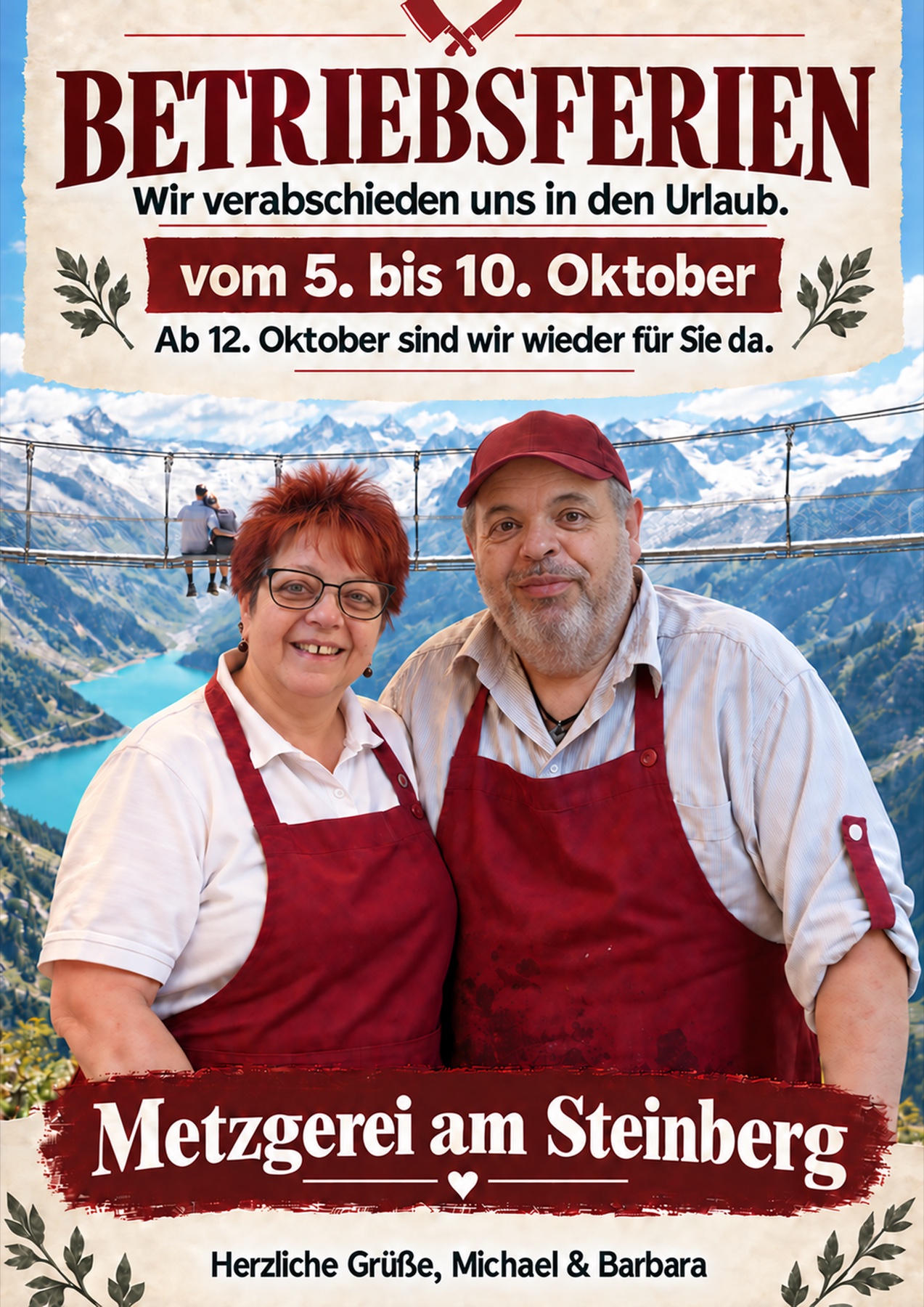 Betriebsferien vom 5. bis 10. Oktober – ab 12. Oktober sind wir wieder für Sie da. Michael und Barbara von der Metzgerei am Steinberg.