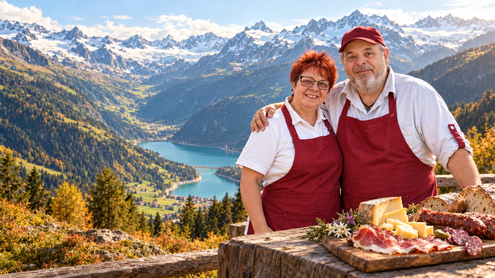 Ein herzlicher Gruß aus den Alpen: Unser Paar aus dem Zillertaler Angebotsheft mit einer Jause vor der Bergkulisse